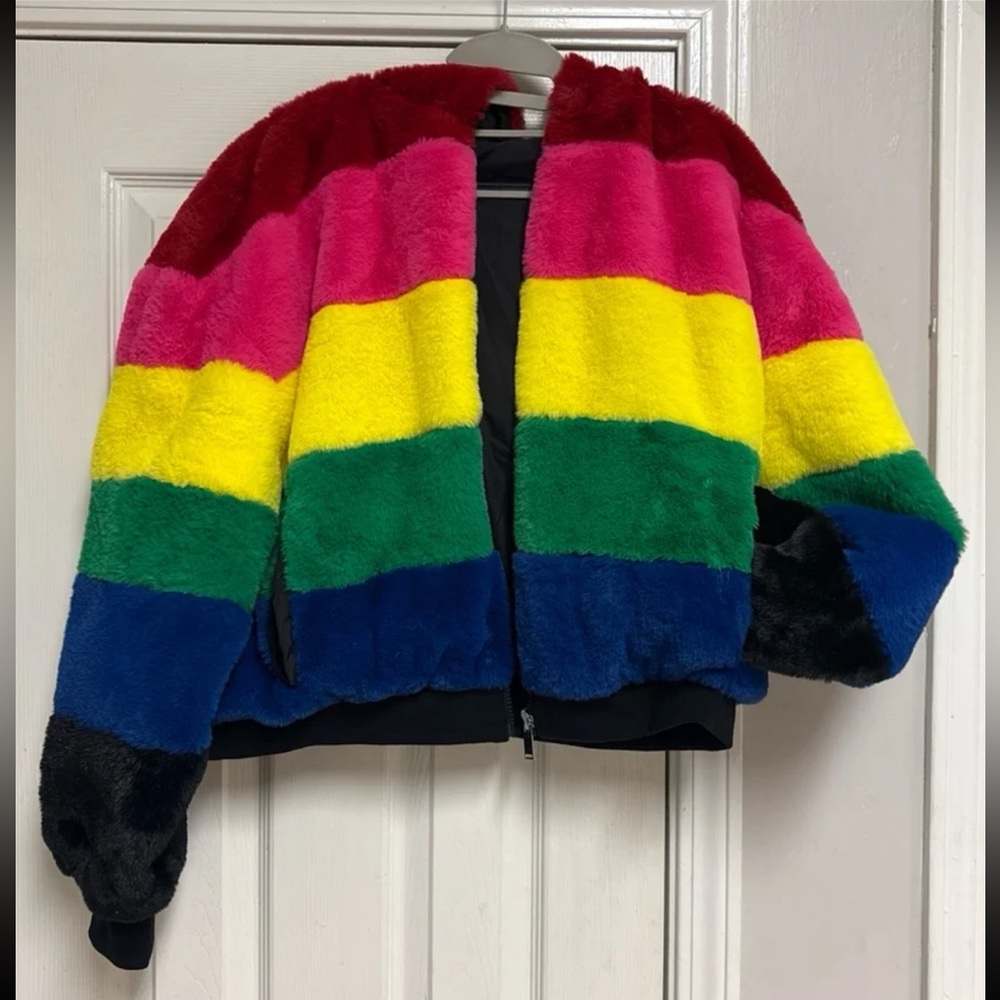 NWT New York & Company Rainbow Reversible Hooded Faux-Fur Jacket - Picture 7 of 12